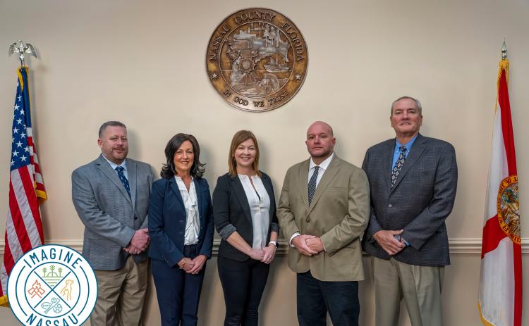 The leaders of Nassau County's nonprofit, Imagine Nassau, pose for a photo. From left, Tim Maguire, vice-president (Animal Services director); Holly Coyle, secretary (economic resources manager); Brandy Carvalho, acting executive director (director of strategic advancement); Jay Robertson, treasurer (Parks & Recreation director); and Chief Brady Rigdon, president (Nassau County Fire Rescue fire chief). Submitted photo