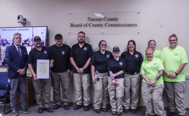 Commissioner A.M. "Hupp" Huppmann presented to Nassau County Animal Care & Control staff a proclamation recognizing this week as National Animal Control Appreciation Week on Monday at the Board of County Commissioners meeting in the Commission Chambers at the James S. Page Governmental Complex. Photo by Ashley Chandler/News-Leader