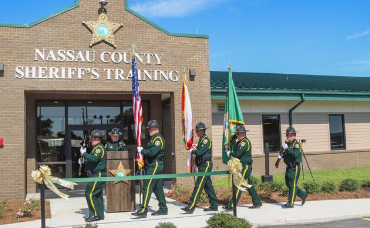 Members of the Nassau County Sheriff's Office honor guard ready for the start of a ribbon cutting ceremony for the Nassau County Public Safety Training Complex. (ASHLEY CHANDLER/News-Leader)