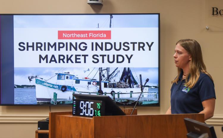 Cassidy Taylor, economic recovery coordinator for Northeast Florida Regional Council, presented the council’s shrimping industry recommendations Monday to the Nassau County Board of County Commissioners. Photo by Ashley Chandler/News-Leader