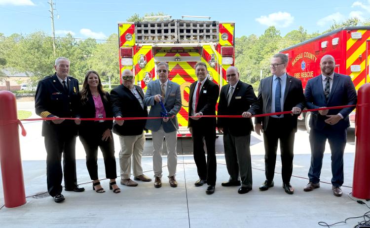 Nassau County officials cut the ribbon for Station 70 on Old Nassauville Road on Wednesday. Photo by Nick Blank/News-Leader