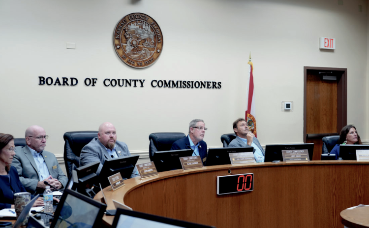 The Board of County Commissioners meets Monday. From left, County Attorney Denise May, commissioners John Martin, Klynt Farmer, A.M. “Hupp” Huppmann, Jeff Gray and Alyson McCullough. Photo courtesy of Nassau County