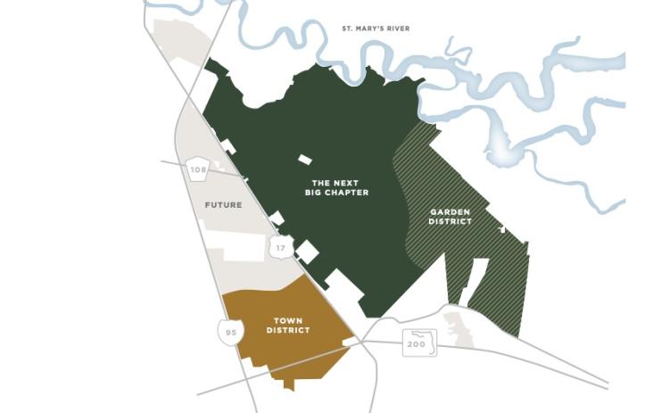 A map showing Garden District's location northeast of the Wildlight's Town District. Developer Rayonier aims to begin Garden District home sales next year.