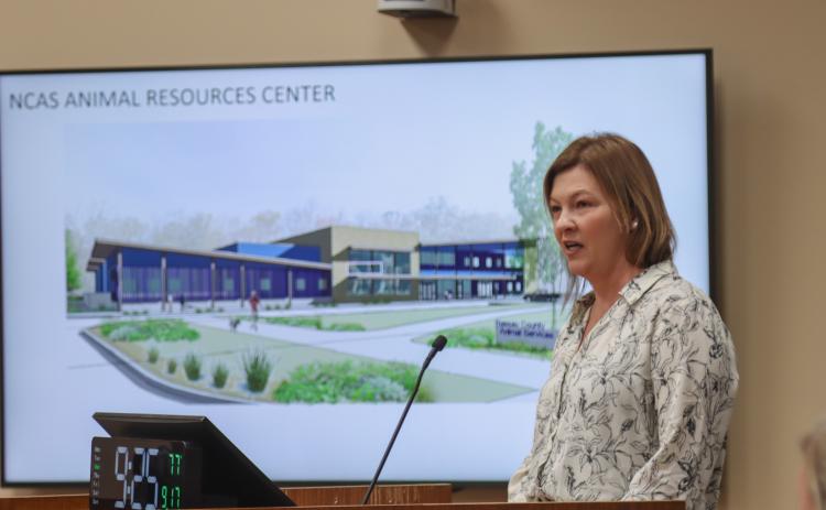 Director of Strategic Advancement and Economic Resources Brandy Carvalho presents plans for the new animal services campus at Wednesday's Board of County Commissioner meeting. A more-than $3-million dollar contract for design services was approved. Photo by Ashley Chandler/News-Leader