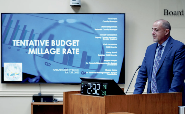 Assistant County Manager Marshall Eyerman gives a presentation to the Board of County Commissioners regarding the 2025-2026 proposed budget and millage rates. Submitted