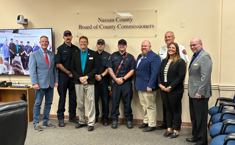 County Commissioners and representatives from Nassau County Fire Rescue - Local 3101 at the Sept. 22 Board of County Commissioners meeting following the ratification of the new Local 3101 Bargaining Agreement. Photo courtesy of Nassau County