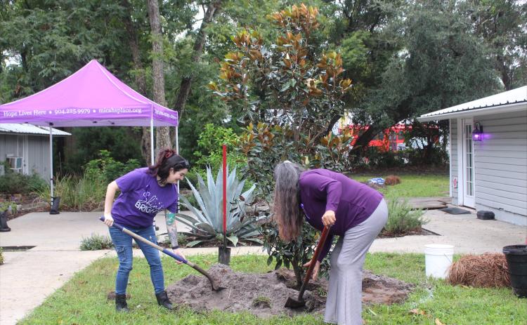 Ashley McLean and Barbra Beck from Micah’s Place fill the soil where the magnolia trees were planted to commemorate the dedication to domestic violence victims.  Marisa DeMar/News-Leader