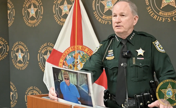 Sheriff Bill Leeper in a video press conference announcing the arrest of the man charged in the Yulee bank robbery. Image from screenshot
