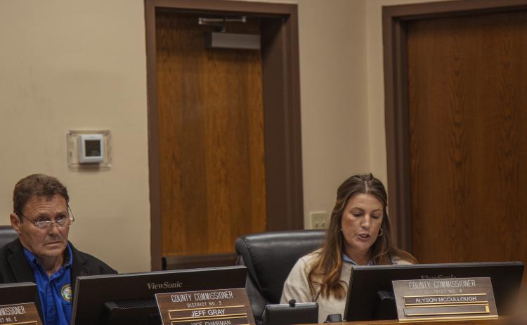 From left, commissioners Jeff Gray and Alyson McCullough at the Board of County Commissioners annual reorganizational meeting Monday. McCullough was appointed chair, and Gray as vice-chair for 2026. Photo by Ashley Chandler/News-Leader