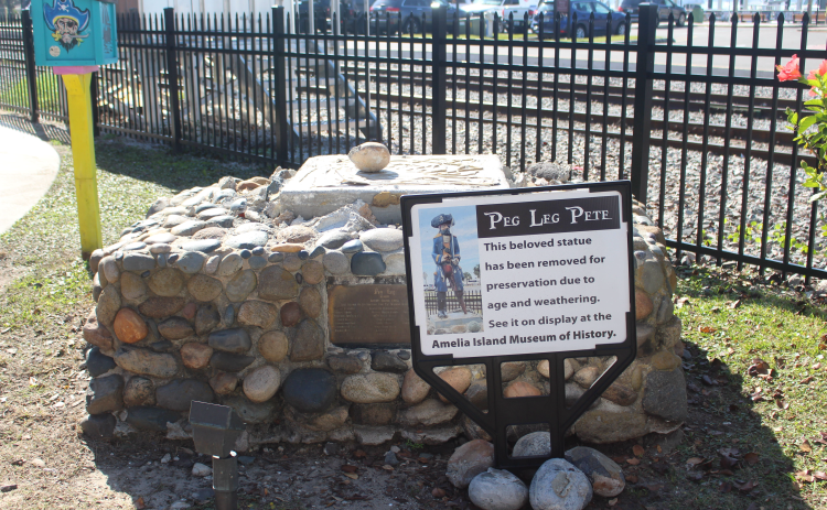 Photo by Marisa DeMar / The former post of Peg Leg Pete after the statue was moved to the Amelia Island Museum of History.