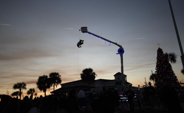 FPU and Light-Up Amelia debut the new shrimp in front of the Fernandina Harbor Marina during the annual Shrimp Drop on Dec. 31. By Marisa DeMar/News-Leader