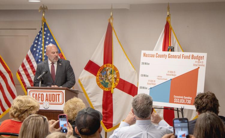 Florida’s Chief Financial Officer Blaise Ingoglia said Nassau County spent more than $53,000,000 more than it should have in the 2024-25 Fiscal Year at a press conference Wednesday in Fernandina. Photo by Ashley Chandler/News-Leader