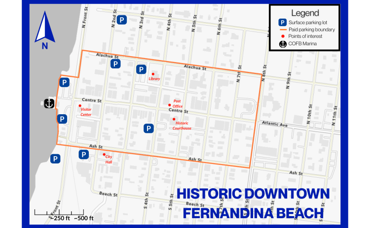 The map displaying the paid parking zone in Fernandina Beach starting Feb. 16.