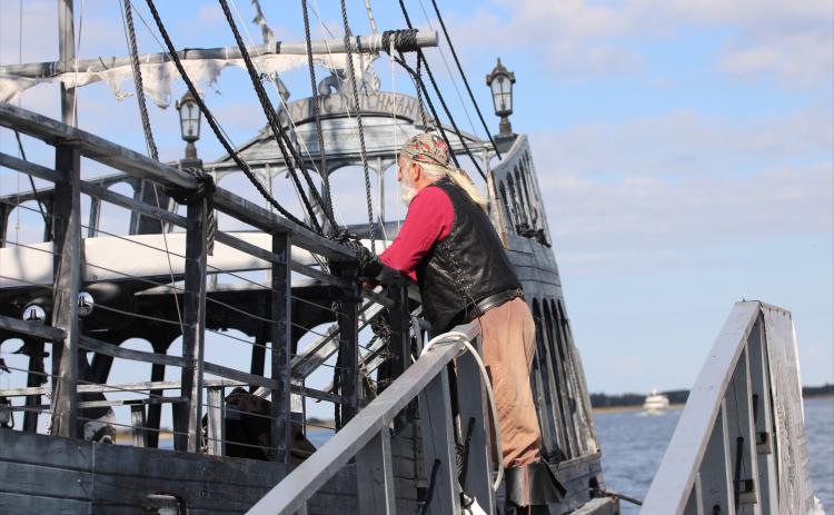 oe Brown, the pirate actor aboard The Flying Dutchman during one of Amelia Island Pirate Voyages daily cruises.  By Marisa DeMar/News-Leader 