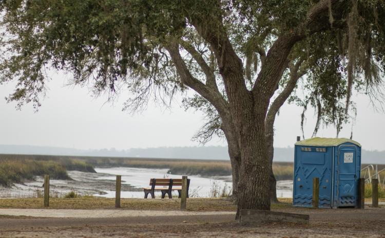 A portable toilet is shown Thursday morning at the John F. Claxton Boat Ramp, also known as the Wilson Neck boat ramp. Photo by Ashley Chandler/News-Leader