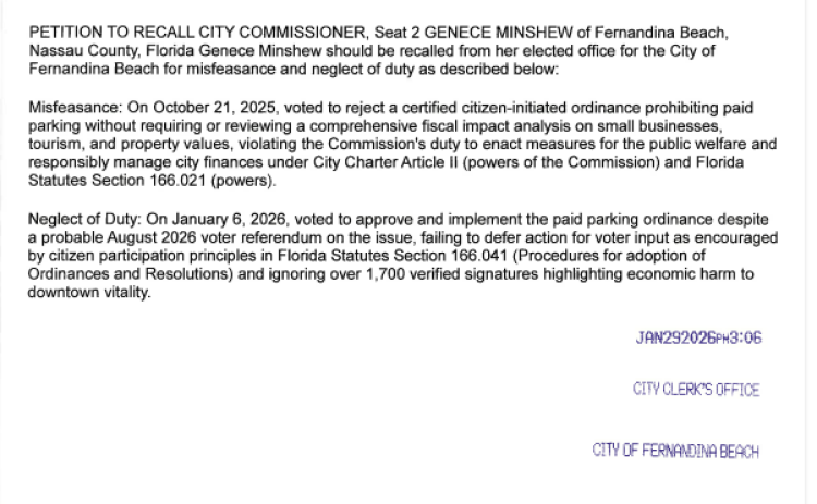 The official recall petition filed by Recall FB 2026 with the City Clerk to remove Commissioner Genece Minshew from office.