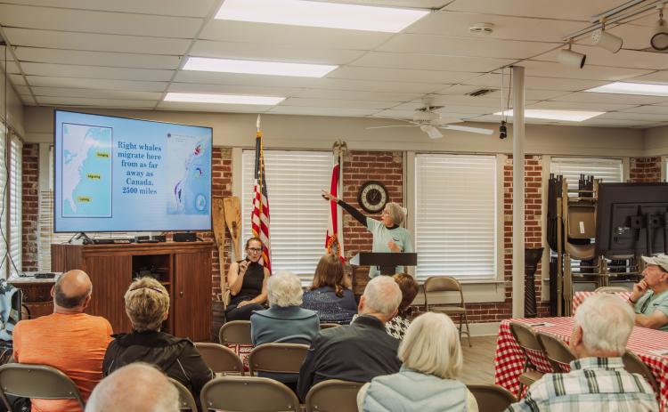 Theresa Hartz, member of the Amelia Island Whale Ambassadors, speaks during the Brown Bag Lunch held Wednesday at the Amelia Island Museum of History. Photo by Ashley Chandler/News-Leader