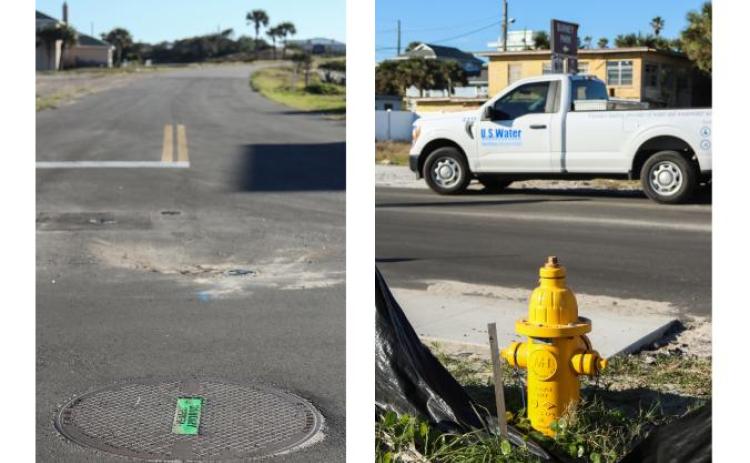 Left: A manhole, put in as part of the American Beach Water and Sewer District Project, is shown in December 2024 in American Beach. Right: A fire-hydrant is pictured Monday in front of a U.S. Water Services Corporation pickup in American Beach. U.S. Water Service Corporation was contracted for the construction of the American Beach Water and Sewer Project. Photos by Ashley Chandler/News-Leader