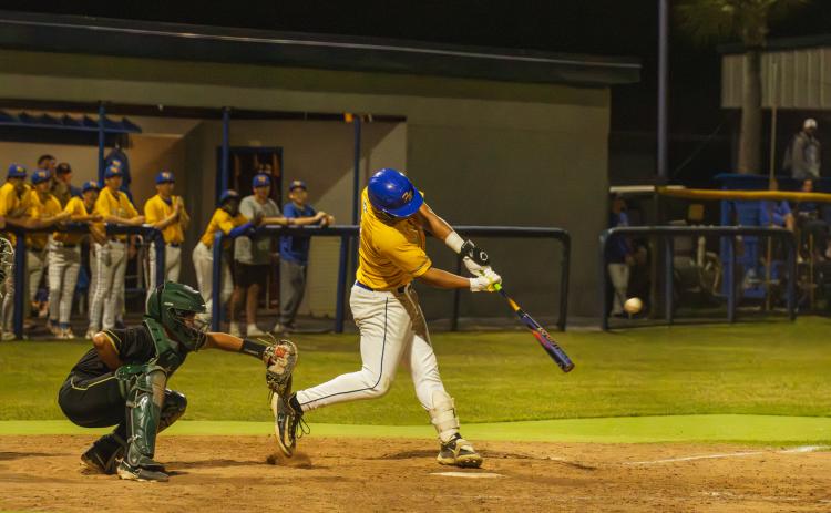 Trace Farmer hits an RBI double for Fernandina Beach High School in a game Friday against Fleming Island. Photo by Ashley Chandler/News-Leader