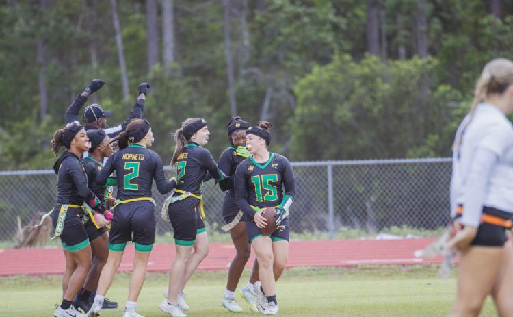 Hornets celebrate after Myla Smith’s touchdown early in Wednesday’s contest. Photo by Nick Blank/News-Leader