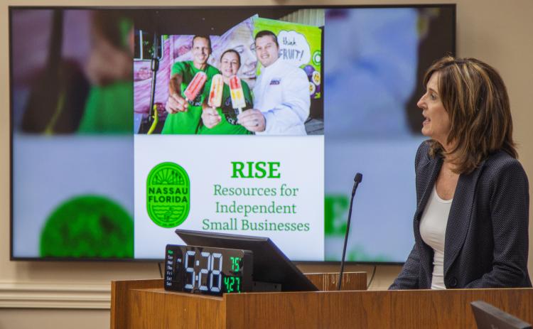 Kathy Freyman, Nassau County economic resources manager, speak April 27 about the Nassau County RISE program, put in place to benefit small local businesses upon startup. Photo by Ashley Chandler/News-Leader