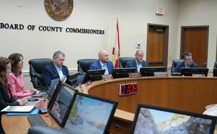 The Fact Finding Committee meets Monday at the James S. Page Governmental Complex. From left, County Attorney Denise May; Economic Resources Manager Kathy Freyman; Deputy County Manager Robert Companion; County Manager Taco Pope; Assistant County Manager Marshall Eyerman; and Conservation Land Manager Taylor Clem.  Photo courtesy of Nassau County, Fl.