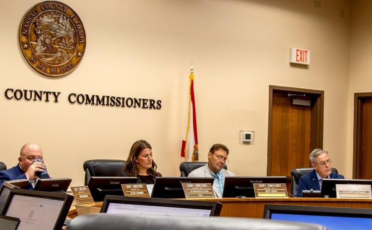 The Board of County Commissioners meets Wednesday at the James S. Page Governmental Complex. From left, are commissioners Klynt Farmer, Alyson McCullough, Jeff Gray and A.M. "Hupp" Huppmann. Commissioner John Martin was not in attendance at Wednesday's meeting. Photo by Ashley Chandler/News-Leader