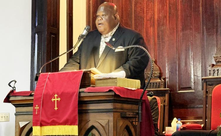 First Missionary Baptist Rev. Dr. Darien K. Bolden Sr. led a gathering Tuesday at the church to discuss an incident that occurred at an FBHS volleyball game last week involving a Black baby doll. Photo by Nick Blank/News-Leader