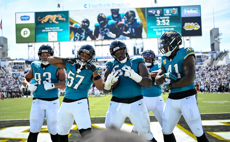 Jacksonville Jaguars celebrate during the Jaguars vs. Patriots game Sunday. Photos courtesy of the Jacksonville Jaguars