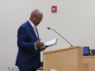 Local activist Rev. Bernard Thompson came before the Nassau County School Board to bring attention to the questionable circumstances of a Black school psychologist’s termination. Holly Dorman/News-Leader