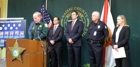 Nassau County Sheriff Bill Leeper was joined by Jeff Watson, FDLE; Sherri Onks, Special Agent in Charge, FBI Jacksonville; Nick Auletta, NCIS; Chris Huband, Deputy Director State Attorney; and Fernandina Beach Police Chief James Hurley to announce the results of Operation Keystroke. Julia Roberts/News-Leader