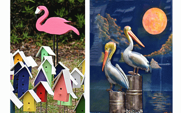 Wood working by Mike’s Makings. Multi-media art of pelicans by Our Glass Creations will be at the Fernandina Beach Art’s market tomorrow. Submitted photos