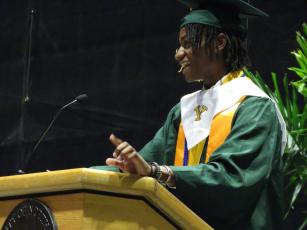 Yulee High School graduate Sebastian Joinville delivers valedictorian speech at the 2023 commencement ceremony held at the University of north Florida Arena. Photo by Holly Dorman/News-Leader
