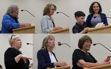 From left, top, Melissa Moss, April Bogle, Noah and Suzanne Sapp, (from left, bottom) Sheila Cocchi, Sharon Roan and Linda Hart-Green speak to the NCSB about concerns of book banning in Nassau County schools. Photos by Tracy McCormick-Dishman/News-Leader