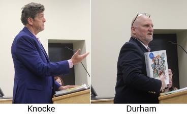 Jack Knocke, representing Citizens Defending Freedom, and Mark Durham, representing Nassau County School District, offer opening statements in textbook challenge hearing. Photos by Tracy McCormick-Dishman/News-Leader