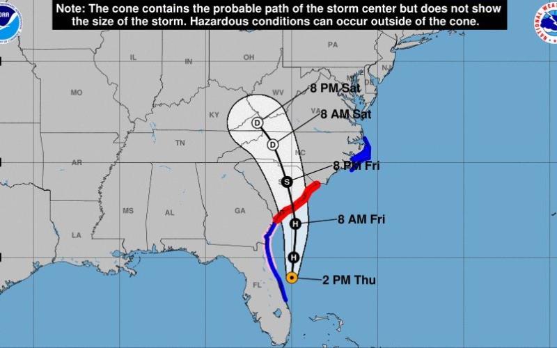 Path trajectory valid until 5 p.m. Source: NOAA NWS National Hurricane Center