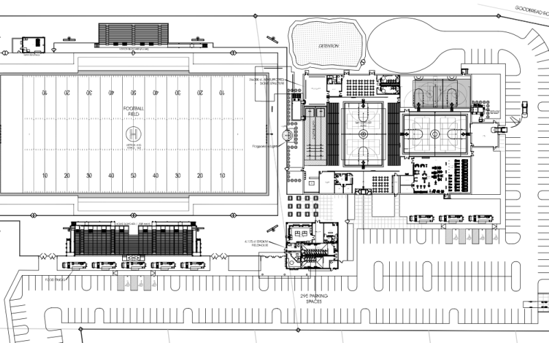 While the focus of this project centers around the football field, site plans for the recreation facility indicated the owners wish to construct three additional multipurpose courts, one of which would be surrounded by more than 800 bleacher seats. Submitted.