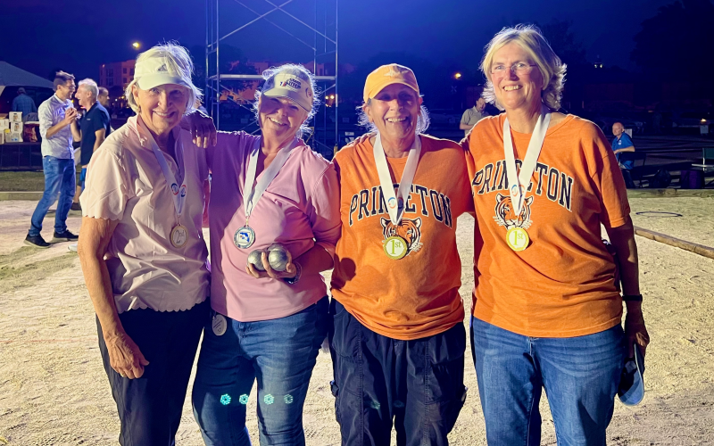 1st and 2nd place winners of the Ladies Tournament from right is Cynthia Stroud and Mary Lott from Maine Boules Club, first-place winners, second place went to the team Petanque Queens; Barbie Crowder, and Janet Kirkland. Photo by Lee Ann Shobe
