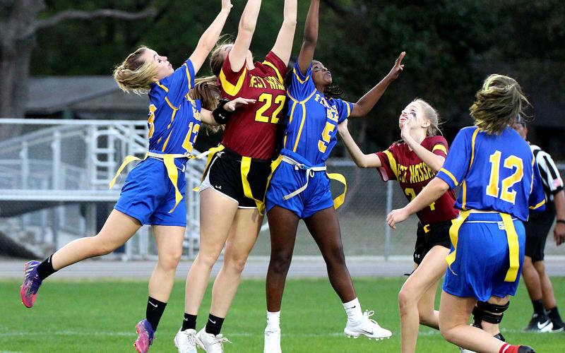 The Lady Pirates hosted the Lady Warriors Thursday to kick off the FHSAA’s inaugural girls flag football season. FBHS plays at Baker Thursday. Photo by Beth Jones/News-Leader
