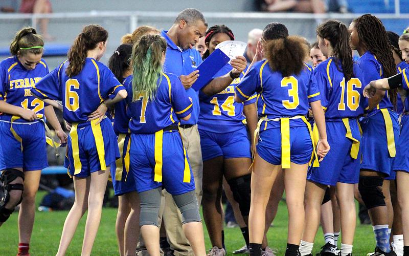 The Lady Pirates hosted the Lady Warriors Thursday to kick off the FHSAA’s inaugural girls flag football season. FBHS plays at Baker Thursday. Photo by Beth Jones/News-Leader