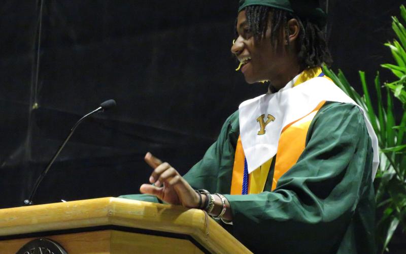 Yulee High School graduate Sebastian Joinville delivers valedictorian speech at the 2023 commencement ceremony held at the University of north Florida Arena. Photo by Holly Dorman/News-Leader