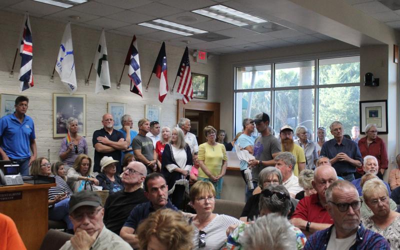 People both for and against holding a Pride event in Central Park filled and overflowed Fernandina Beach City Hall commission chambers. Dozens of people addressed the city commission, but the matter was not discussed by commissioners, who did not respond to speakers.  Photo by Julia Roberts/News-Leader