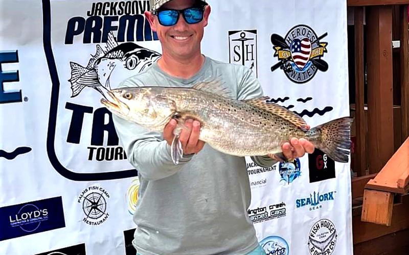 Justin Paulk is pictured with his winning 6-pound-14-ounce sea trout that took first-place honors during the Jacksonville Premier Trout Tournament. Paulk teamed up with Skip Swain for first place. Photo by Terry Lacoss/Special