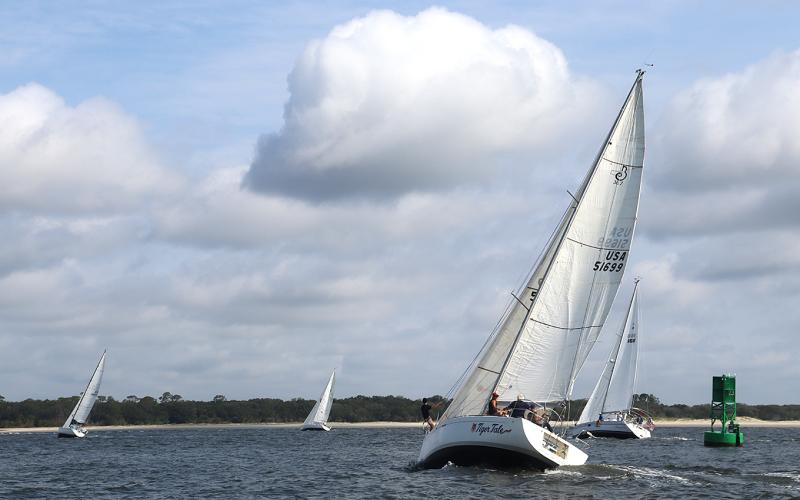 Tiger Tale and Misty during Saturday’s Amelia Island Sailing Club race, left. The fleet on a windward beat, right. Submitted photos