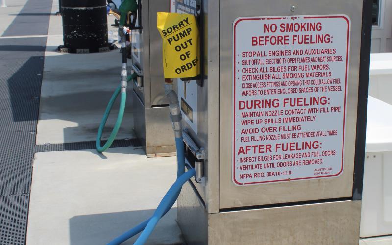 The closure of fuel pumps, both for unleaded and diesel fuel, has cost the Fernandina Harbor Marina, and in turn the City of Fernandina Beach, hundreds of thousands of dollars this year. Repairs are underway, and it is hoped the pumps will be operating this week. Photo by Julia Roberts