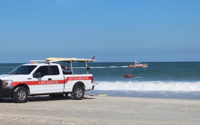 Agencies from Fernandina Beach and Nassau County were on scene near beach access No. 6 Wednesday, where two swimmers were rescued. Emergency responders could not find a third swimmer until Thursday afternoon. Photo by Julia Roberts/News-Leader