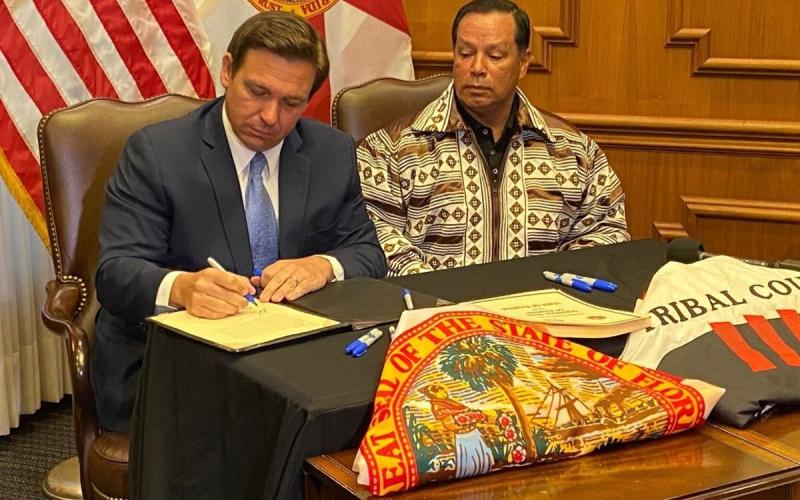 Gov. Ron DeSantis and Seminole Tribe of Florida Chairman Marcellus Osceola, Jr. reached a gambling deal in 2021. File photo