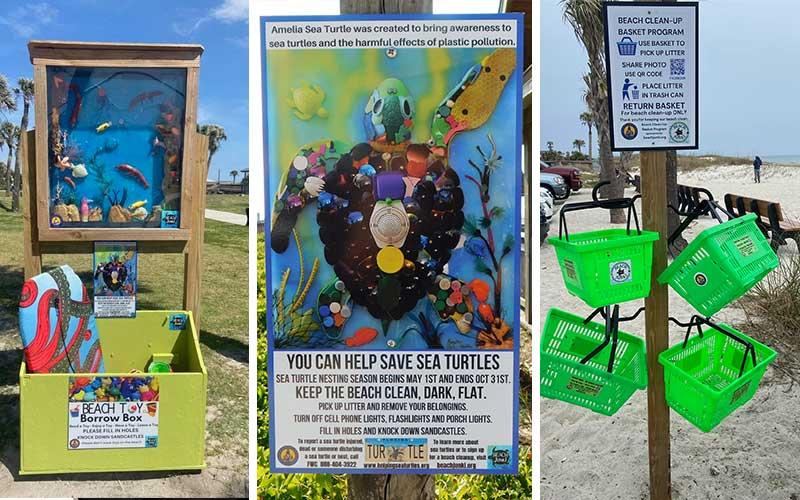 From left, Shrimper's Paradise art from beach trash, beach turtle signs and beach clean-up baskets - all Beach Junki projects to promote clean and safe beaches. Submitted photo