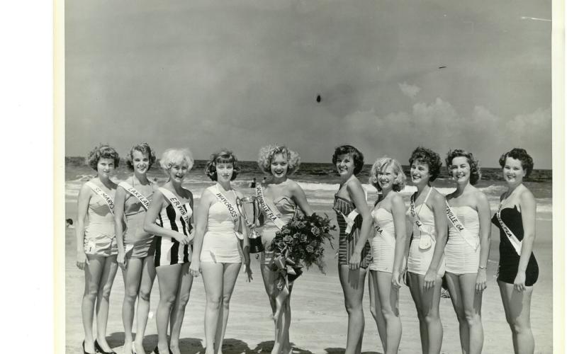 Finalists in the 1956 Fernandina Beach beauty contest pose on the beach. Photo courtesy of Amelia Island Museum of History
