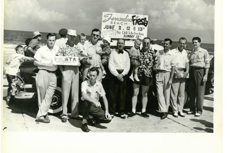 The Mayor of Fernandina Beach, center in bow tie, poses with others in attendance at the Fernandina Fiesta in 1956. The Fiesta is the precursor to the Shrimp Festival. Finalists in the 1956 Fernandina Beach beauty contest pose on the beach. Photo courtesy of Amelia Island Museum of History